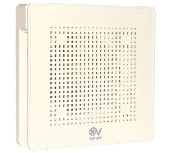 "Vortice Punto EVO beyaz mini aksiyel fan, duvara monte edilmiş şekilde önden görünüm."